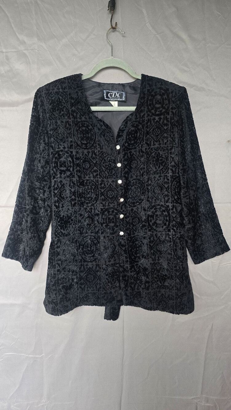 Vintage CDC Evening Jacket Womens 10 Black Velvet Rhinestone Button Belted USA
